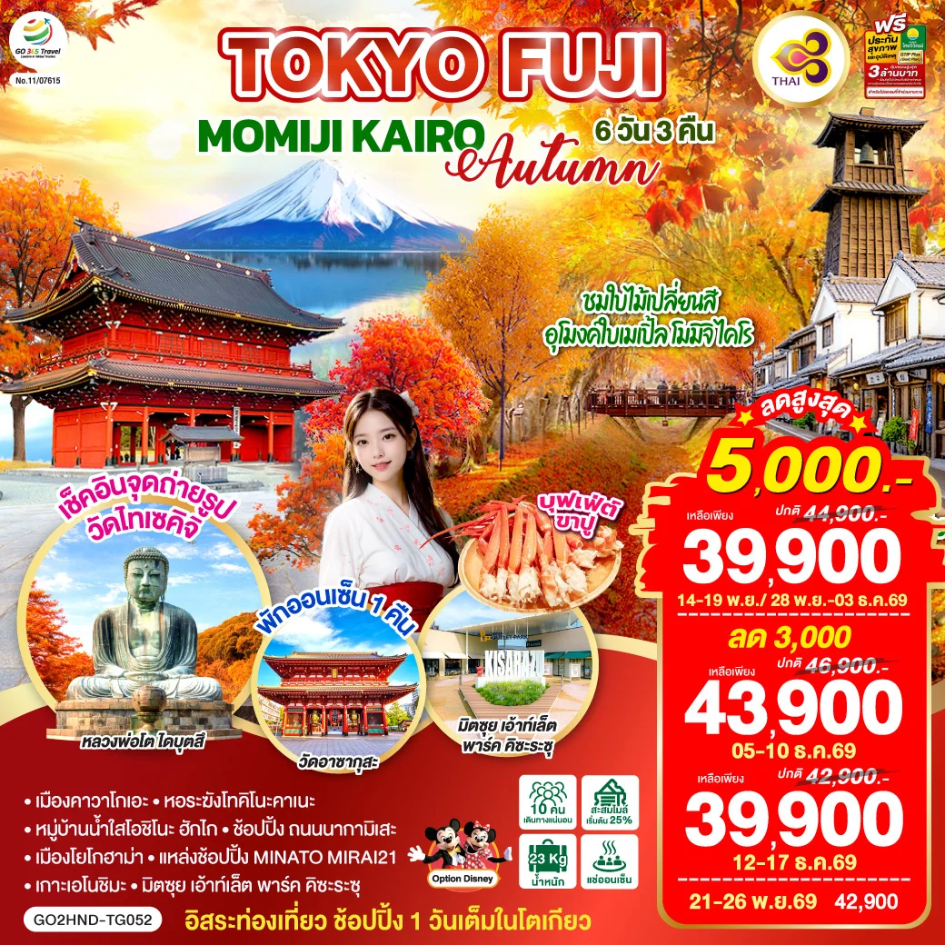 ทัวร์ญี่ปุ่น TOKYO FUJI MOMIJO KAIRO AUTUMN 6วัน 3คืน (TG)
